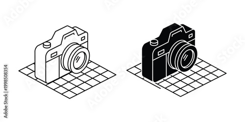 Isometric illustration of two vintage style cameras placed on textured surfaces