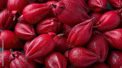 Roselle calyces close up creating a vibrant red natural texture, organic food for healthy eating and beverages