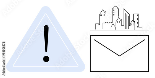 Notifications, e-alerts, urban messaging, security communication, mail services, delivery updates. Exclamation mark in a triangle, city skyline and envelope icon. Notifications and e-alerts concept