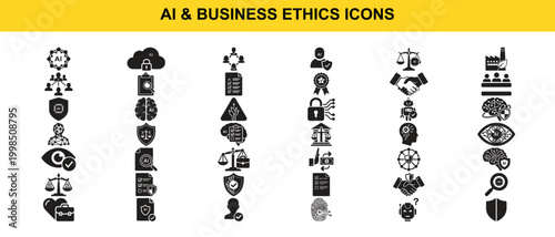 Collection of AI and Business Ethics vector icons depicting concepts like data security, justice, responsibility, and artificial intelligence in a corporate context.