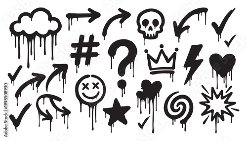 Set of black graffiti symbols with paint drips. Vector street art icons featuring skull, heart, cloud, arrows, and crown with spray paint effect.
