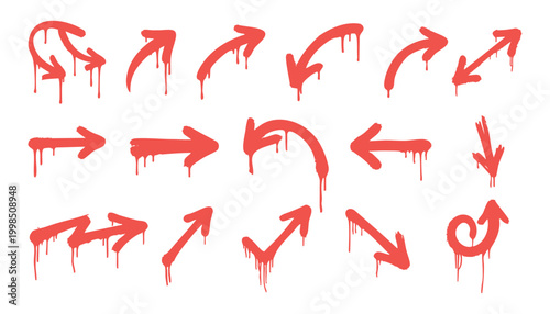 Set of red graffiti arrows with paint drips. Vector street art style hand-drawn pointers and spray paint splatters.