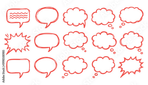 Set of hand-drawn black speech bubbles and thought clouds. Vector doodle sketch style chat balloons and comic communication elements.