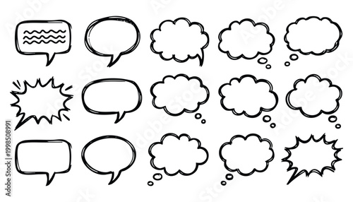 Set of hand-drawn black speech bubbles and thought clouds. Vector doodle sketch style chat balloons and comic communication elements.