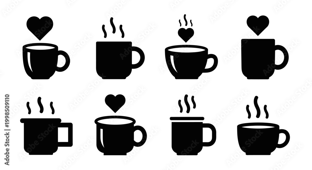 Fototapeta premium Set of eight coffee cups with hearts and steam icons in black and white, elegant design for beverage and love concepts