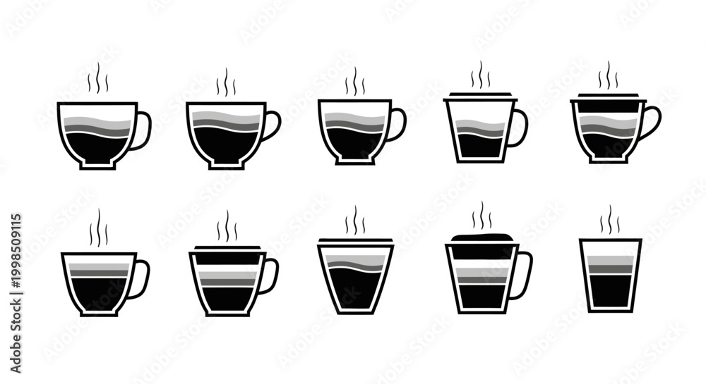 Fototapeta premium Ten stylized coffee cup icons showing layered drinks with steam, suitable for coffee menu or beverage industry designs
