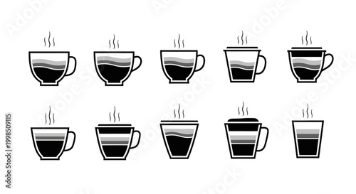 Ten stylized coffee cup icons showing layered drinks with steam, suitable for coffee menu or beverage industry designs