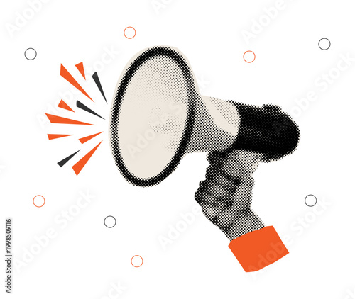 Halftone Style collage of Hand Holding Megaphone with Orange Sleeve and Radiating Triangular Sound Bursts Symbolizing Communication, Amplification, Public Announcement