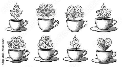 Twelve highly detailed engraved style coffee cups with elaborate heart shaped steam for vintage beverage illustration