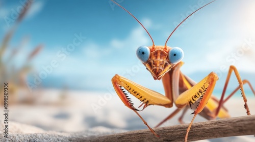 Praying Mantis with Sharp Forelegs Raised in Natural Outdoor Habitat