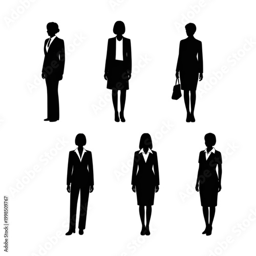 Set of businesswoman silhouettes in various formal suits, professional female character group for corporate design, vector
