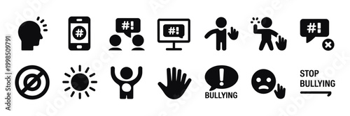 Social issues and global problems icon collection including cyber bullying, violence, discrimination, anxiety and crime, vector illustration for awareness campaigns and education