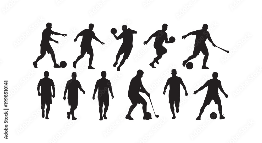 Fototapeta premium Set of male soccer and field hockey player silhouettes in various actions isolated on white background for sports.