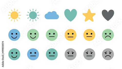 Emotional Spectrum: A vibrant assortment of icons capturing a spectrum of emotions and weather conditions, conveying everything from joy to sorrow, sunshine to rain.