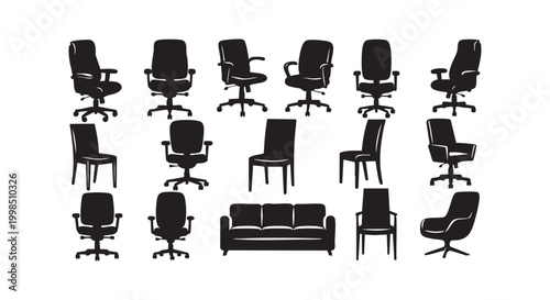 Set of office chairs and furniture silhouettes isolated on white background for interior design and workspace projects.