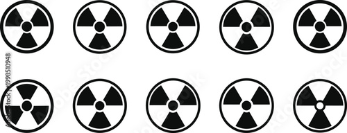 Collection of radiation hazard warning symbol vector icons showing nuclear safety signs, radioactive danger silhouettes, caution graphics, and hazard design variations