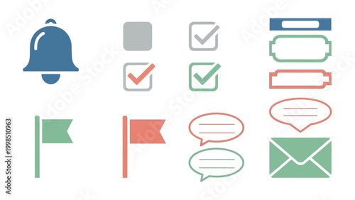 Essential Icons: A collection of various simplified icons, each conveying a specific digital function or status. The clean lines and bold colors make them ideal for digital applications, websites.