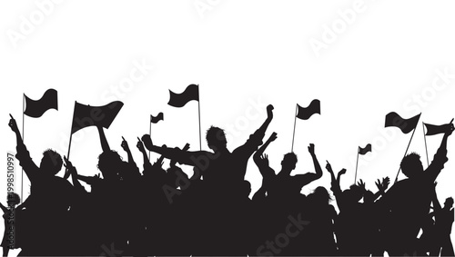 Excited Sports Fans Cheering with Flags: Dynamic Crowd Celebration Illustration for Stadium Events Football Matches and Concert Festivals Isolated on White Background.