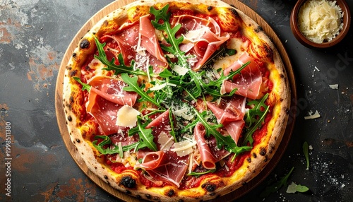 Freshly baked Italian pizza with prosciutto arugula and parmesan cheese on dark background. gourmet food, italian cuisine, pizza, prosciutto pizza, arugula pizza.