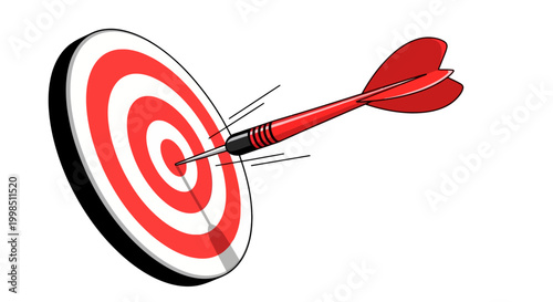 A red dart hits the center of a bullseye target with motion lines around it.