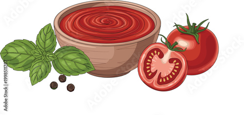 Tomato Sauce in a Wooden Bowl with Fresh Tomatoes, Basil, and Black Pepper in Vector Illustration"