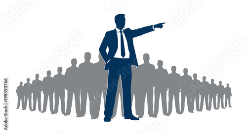 Businessman in suit points to the side standing in front of a group of people.