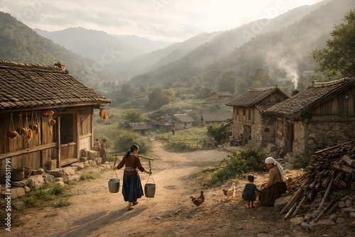 Scenic Rural Village Life with Traditional Houses and Mountain Landscape