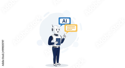 A robot wearing headphones holds a book and gestures while speech bubbles show AI and text