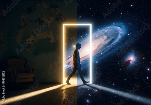 Silhouette of a man walking through a glowing rectangular portal into a starry galaxy symbolizing a transition into the future and infinite possibilities.