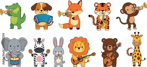Cute animal band collection with musical instruments like trumpet guitar drums and accordion playful cartoon vector set