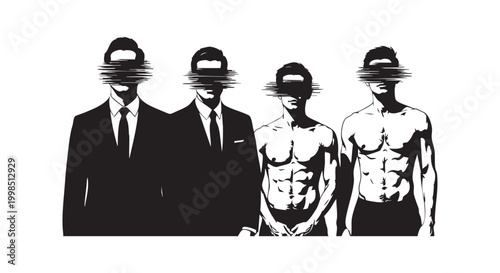 Silhouette illustration of four men standing in line with glitch effect covering their eyes for identity theft concept.