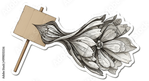 Flower with cardboard sign, illustration of plant with blank placard