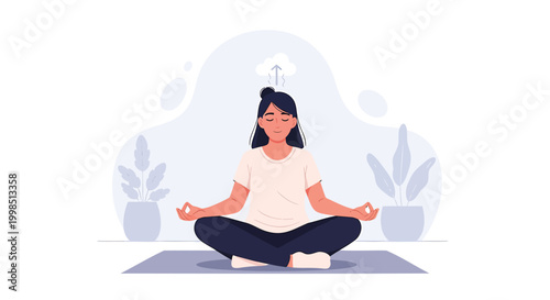 Meditating woman, yoga pose, mindfulness illustration, relaxation concept, vector