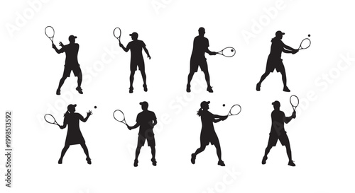 Tennis players performing forehand backhand and serve strokes isolated on white background vector silhouette set.