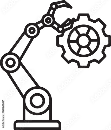 Industrial Robot Arm Lifting Heavy Metal Gear Vector Icon Perfect for Manufacturing Automation, Factory Design, Engineering Documentation, CNC Machining, Automation Systems, Mechanical