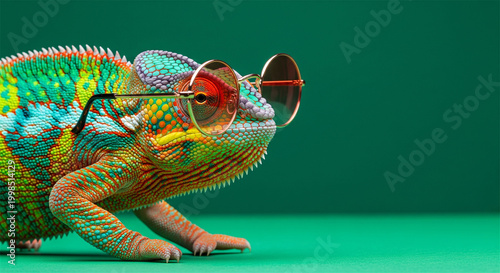 Cool chameleon wearing stylish glasses, showcasing vibrant colors against a green backdrop.