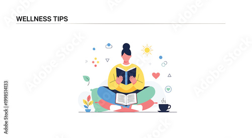 Wellness, self-care, meditation, healthy lifestyle vector illustration, mindfulness, relaxation, yoga, reading