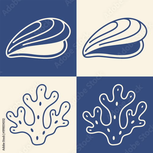 Sea shell icon set with mussel shell and coral reef marine beach coastal ocean symbols nautical summer decorative illustration collection poster seaside tropical elements pack