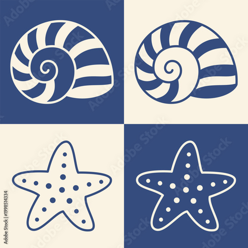 Nautilus shell and starfish icon set in blue beige coastal palette marine ocean collection beach themed sea life symbols decorative tropical summer seaside illustration pack