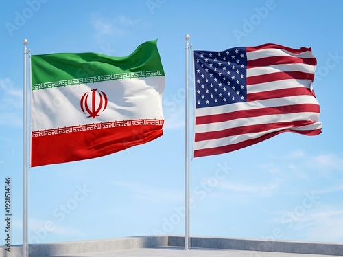 Flags of Iran and USA. International relations, diplomacy, political conflict, negotiations, or geopolitical cooperation between the two nations