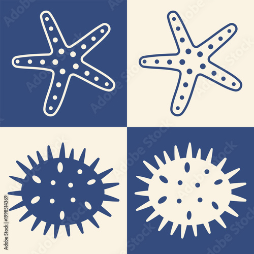 Starfish and sea urchin icon set in blue beige coastal palette marine life collection ocean symbols beach themed nautical elements tropical summer seaside decorative illustration pack