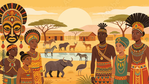 African tribal people with wildlife