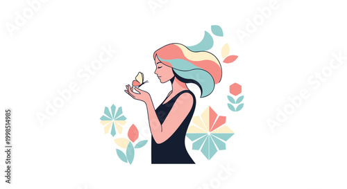 Colorful illustration of woman with flowers, pastel hair, floral pattern, decorative design element