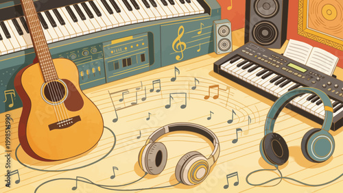 Musical instruments and notes on floor