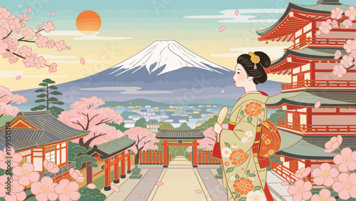 Woman in traditional Japanese attire near temple