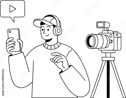 Male vlogger recording video with smartphone and camera black and white vector illustration