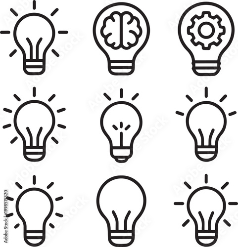 Black line art light bulb icons