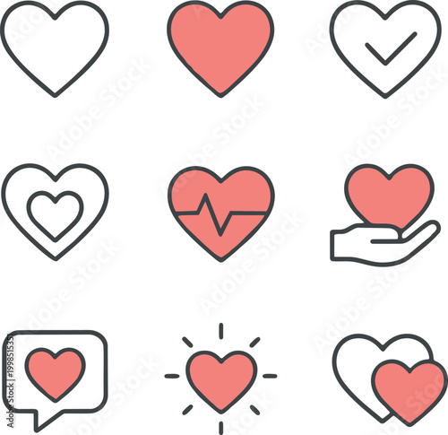 Collection of pink and white heart icons