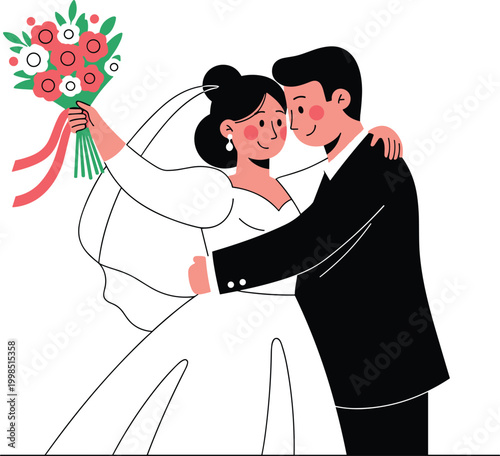 Happy bride and groom hugging on wedding day romantic vector illustration