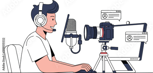 Male streamer recording video content with camera and microphone vector illustration